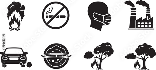 Air pollution and quality icon set. Glyph black silhouettes - factory emission, mask, no smoking, wildfire, ozone, exhaust car.