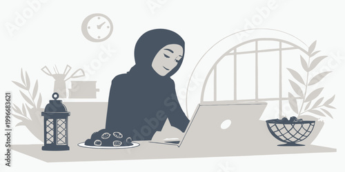 Woman in hijab working on a laptop at a desk with dates and a lantern home office flat design remote work illustration computer technology freelance business workspace