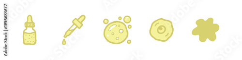 Yellow doodle icons of dropper bottle, pipette, bubbles, cell, and splash
