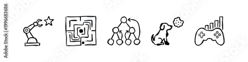 Doodle icons of robot arm, maze, tree, dog, and game controller