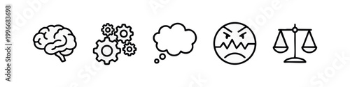 Outline icons of brain, gears, thought bubble, angry face, and scales