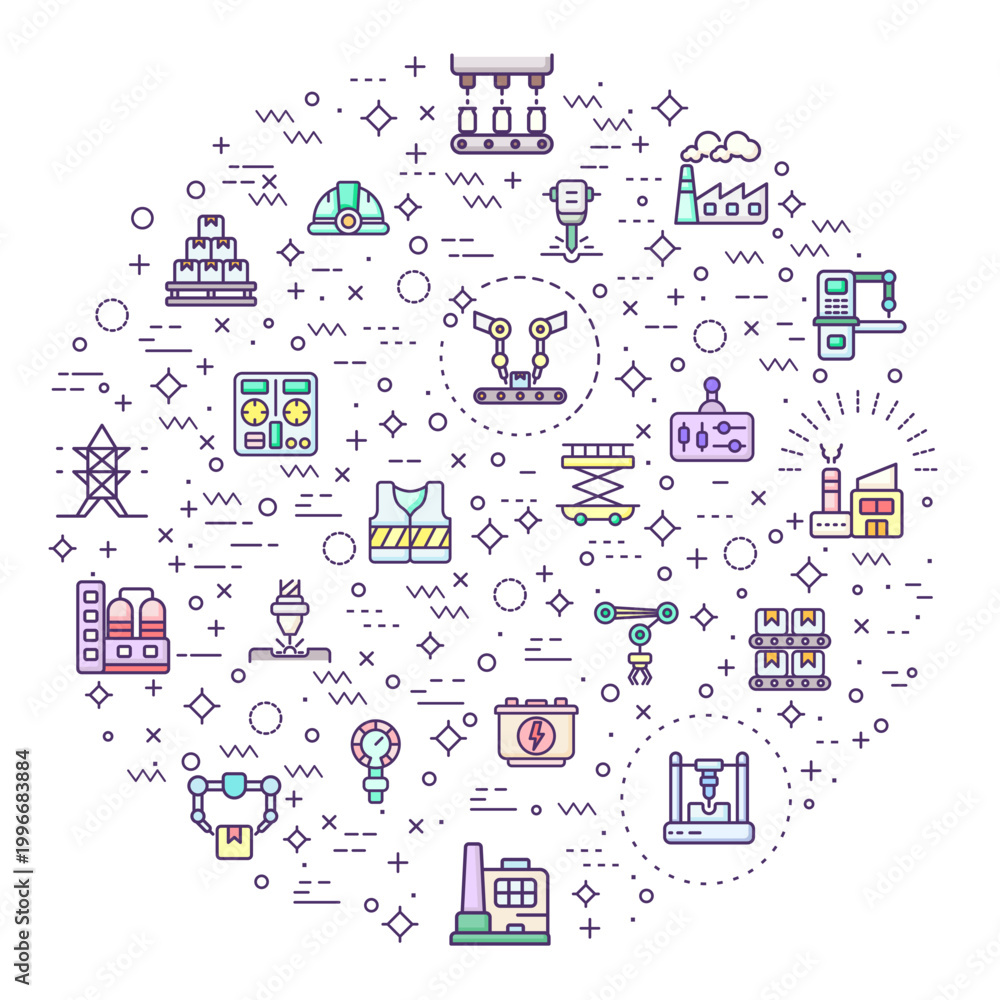 Naklejka premium Set of factory and production icons line style. It contains such Icons as industry, manufacturing, product, packaging, assembly, machine, warehouse and other elements.