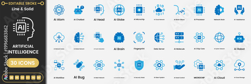 AI Icon Set – Artificial Intelligence, Machine Learning and Technology Line Icons