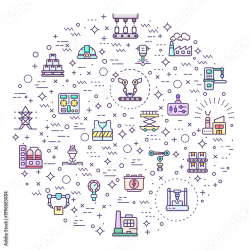 Set of factory and production icons line style. It contains such Icons as industry, manufacturing, product, packaging, assembly, machine, warehouse and other elements.