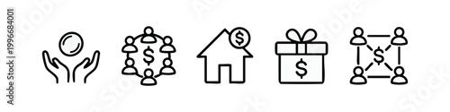 Doodle icons: coin in hands, network of people, house with dollar, gift box, money transfer