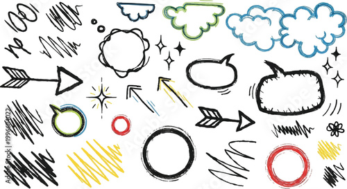 Colorful hand drawn scribble speech bubbles and thought clouds vector set with crayon texture sketch style for creative communication and social media design