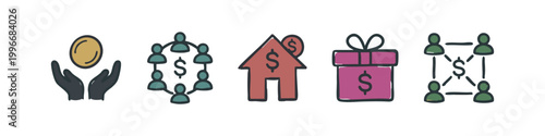 Line art icons: coin in hands, network of people, house with dollar, gift box