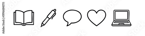 Doodle icons: open book, pen, speech bubble, heart, laptop