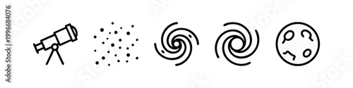 Minimalist Line Art Space Icon Set Featuring Telescope Galaxy Spiral and Moon