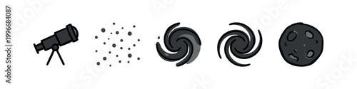 Solid Dark Hand Drawn Space Icons including Telescope Galaxy and Lunar Moon