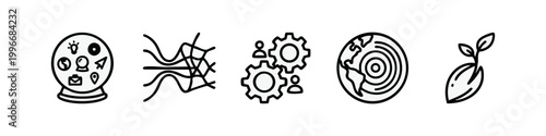 Black and white icons representing foresight, networking, and teamwork