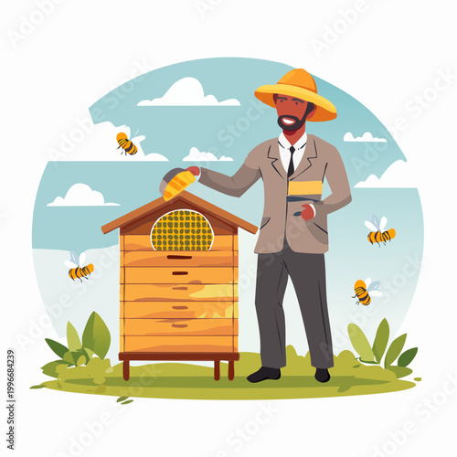 Beekeeper tending to a beehive with bees flying around