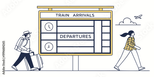 Travelers with luggage checking train arrival and departure display board departure traveler passenger commuter schedule information platform transportation backpack suitcase terminal