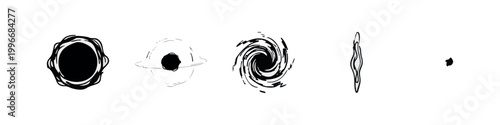 Hand Drawn Black Hole Evolution Stages and Cosmic Vortex Sketch Set