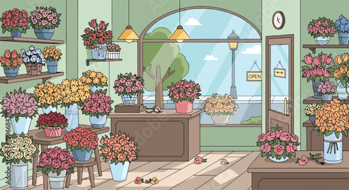 A cartoon flower shop with a large window and many potted plants