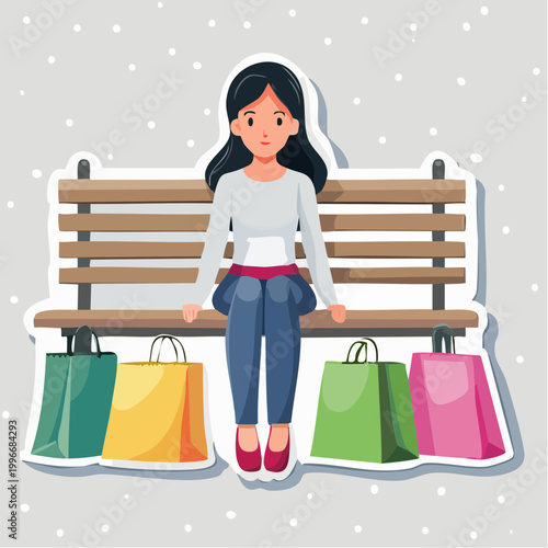Woman Sitting on Bench with Shopping Bags