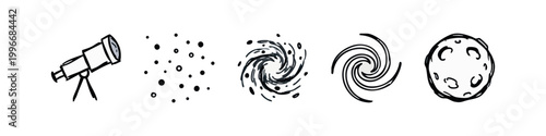 Sketchy Space Icons Set featuring Telescope Galaxy Stars and Moon Hand Drawn Illustrations