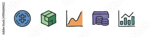 Modern Colored Business and Logistics Icon Set with Coin Shipping Box and Analytical Graphs