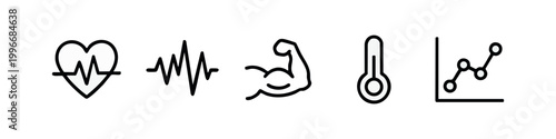 Minimalist Fitness and Health Line Icon Set with Heart Pulse Muscle Strength and Thermometer