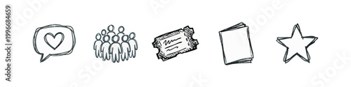 Social Media and Communication Sketchy Icon Set with Love Heart Bubble Community Ticket and Star