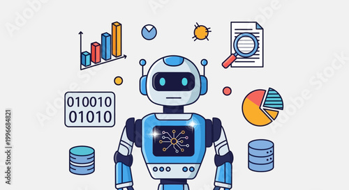 Robot, technology, data analysis, infographic elements, blue and white colors, vector illustration