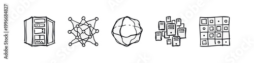 Hand drawn sketch icons set of cloud computing and data network concepts