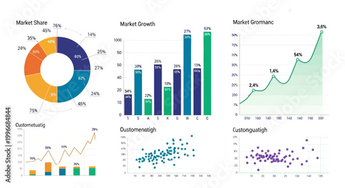 Business infographic elements, market analysis charts, colorful graphs and diagrams, vector set