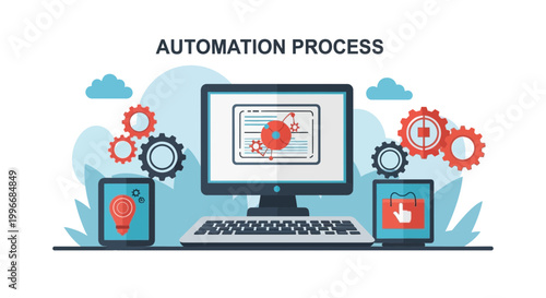 Automation process, workflow optimization, business technology, industrial gears vector