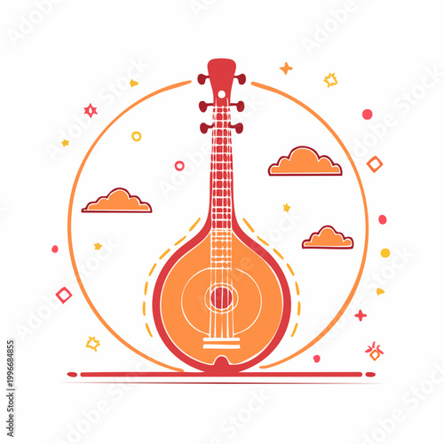 Stylized Illustration of a Sitar or Lute with Clouds and Stars