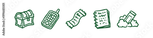 Adventure and Objects Hand Drawn Icons Including Treasure Chest Keypad and Notepad