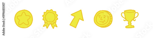 Set of Yellow Hand Drawn Reward and Achievement Icons Including Trophy Medal and Coins