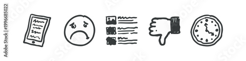 Digital Social Media Feedback Hand Drawn Icons Featuring Tablet Sad Face and Thumbs Down