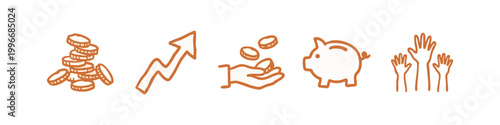 Finance and Growth Hand Drawn Icons Featuring Coins Piggy Bank and Raised Hands