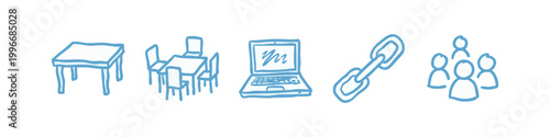 Coworking and Office Hand Drawn Icons Featuring Furniture Laptop and Team Symbols