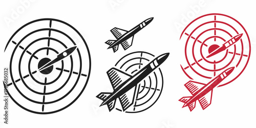 Foto Military radar and missile target acquisition icons with military detection trac