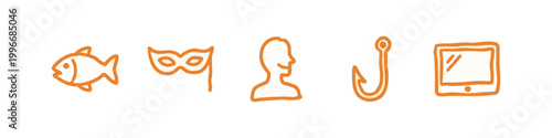 Online Identity Hand Drawn Icons Featuring Fish Mask Profile and Tablet