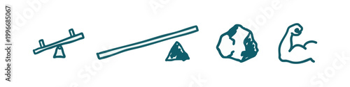 Hand-drawn icons illustrating mechanical power, levers, and physical strength