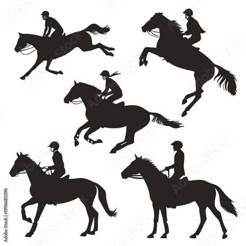Foto Set of horse riding silhouettes featuring equestrians in different poses and act