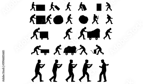 Minimal men pushing silhouettes collection with different objects and force actions flat vector isolated on white