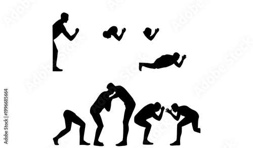 Progressive pushing action silhouettes of men showing increasing force and physical exertion vector isolated on white