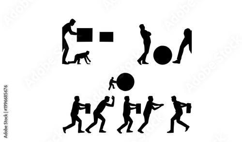 Black silhouette men pushing set showing physical effort and dynamic action poses isolated on white background vector