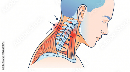 Anatomy of the human cervical spine showing neck pain and muscle tension in vertebrae C1 to C7
