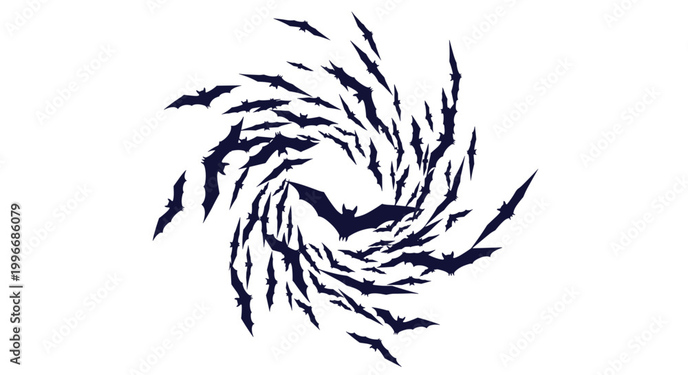 Fototapeta premium Large swarm of dark bats flying in a circular spiral formation creating a dramatic and spooky effect for halloween or horror themes.