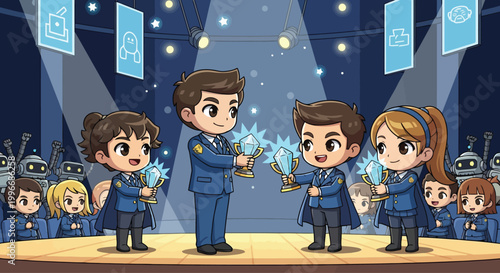 Award Ceremony Scene Showcasing Trophy Presentation Among Winners.