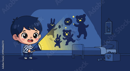 Boy with flashlight exploring at night.