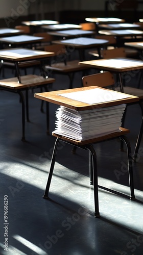 Stack of papers rests on a desk in an empty classroom
