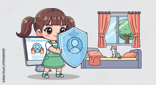 Cartoon girl with shield ready to defend.