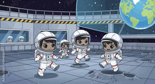 Group of astronauts in spacesuits performing a space walk.