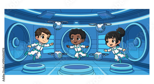 Three cartoon astronauts in a space station.