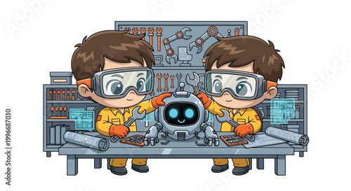 Two young scientists and a robot in laboratory.
